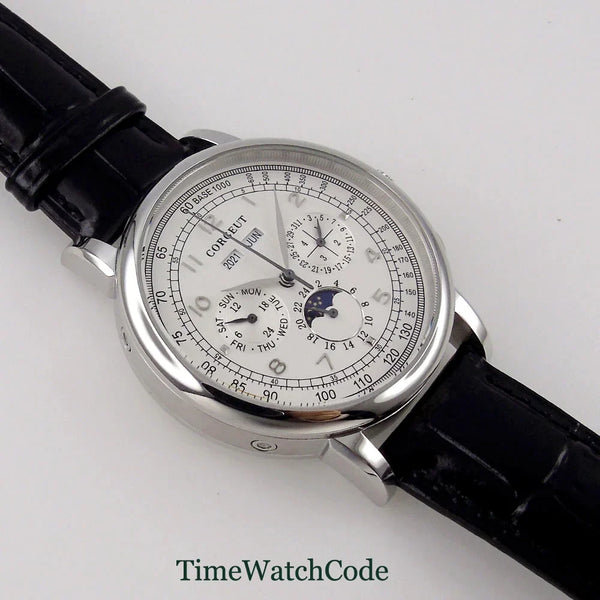 Corgeut Moon Phase Watch 42mm Seagull St1655 Automatic Day Date Month Calendar Glass Back 42MM 3ATM