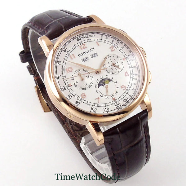 Corgeut Moon Phase Watch 42mm Seagull St1655 Automatic Day Date Month Calendar Glass Back 42MM 3ATM