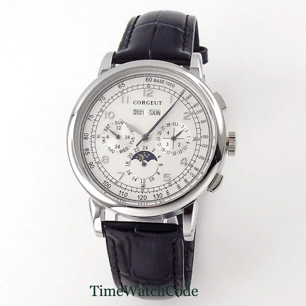 Corgeut Moon Phase Watch 42mm Seagull St1655 Automatic Day Date Month Calendar Glass Back 42MM 3ATM