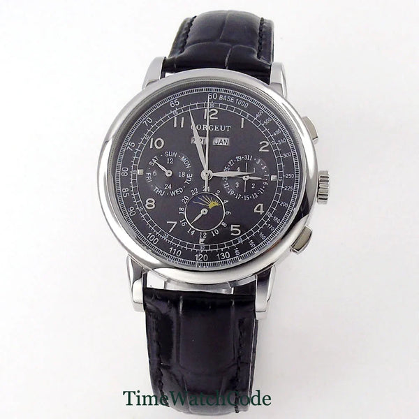 Corgeut Moon Phase Watch 42mm Seagull St1655 Automatic Day Date Month Calendar Glass Back 42MM 3ATM