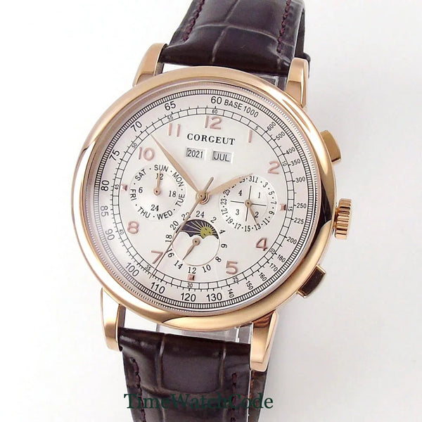 Corgeut Moon Phase Watch 42mm Seagull St1655 Automatic Day Date Month Calendar Glass Back 42MM 3ATM