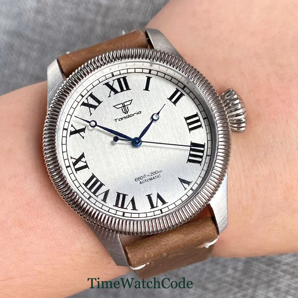 Tandorio Fluted Pilot Watch TD117A 20BAR NH35 PT5000 Roman Numerals Sapphire 39mm