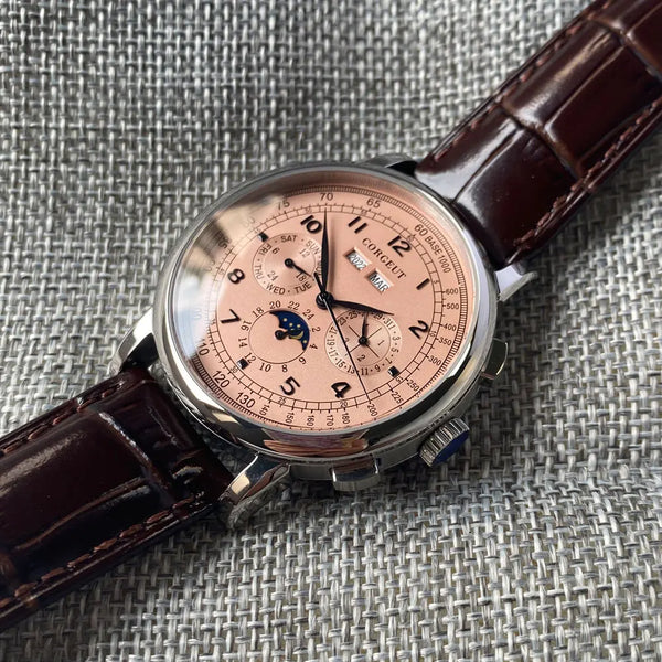 Corgeut Moon Phase Watch 42mm Seagull St1655 Automatic Day Date Month Calendar Glass Back 42MM 3ATM