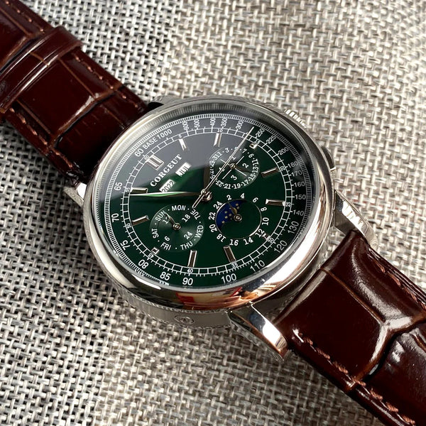 Corgeut Moon Phase Watch 42mm Seagull St1655 Automatic Day Date Month Calendar Glass Back 42MM 3ATM