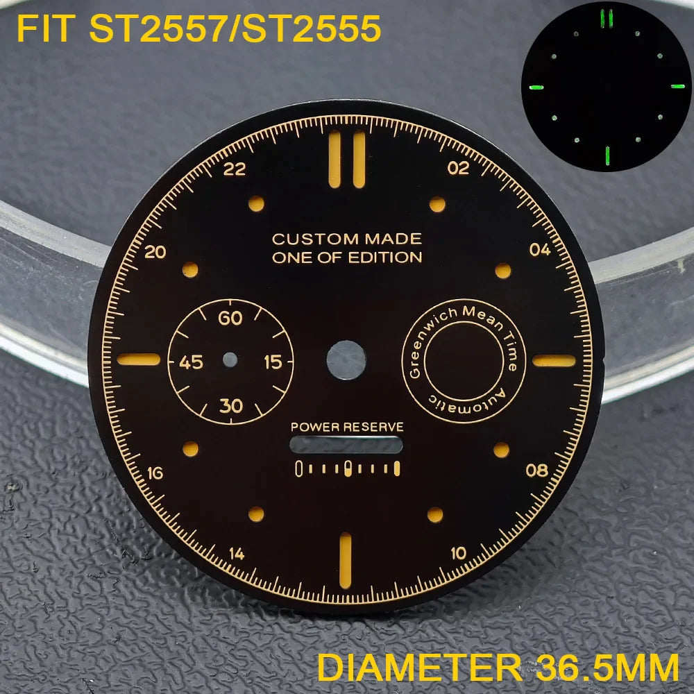 33.9/36.5mm Diameter Green Luminous Sterile Dial for Seagull GMT ST2557/ST2555 Movement with Single Calendar,Custom DIY logo
