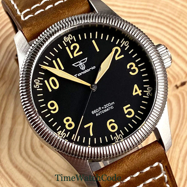 Tandorio Fluted Pilot Watch TD117A 20BARNH35 PT5000 Roman Numerals Sapphire 39mm