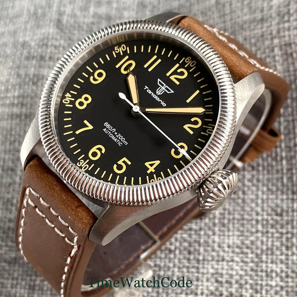 Tandorio Fluted Pilot Watch TD117A 20BARNH35 PT5000 Roman Numerals Sapphire 39mm