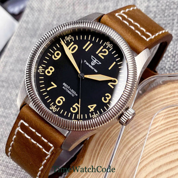 Tandorio Fluted Pilot Watch TD117A 20BARNH35 PT5000 Roman Numerals Sapphire 39mm