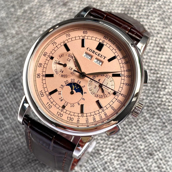 Corgeut Moon Phase Watch 42mm Seagull St1655 Automatic Day Date Month Calendar Glass Back 42MM 3ATM