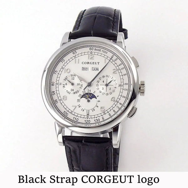 Corgeut Moon Phase Watch 42mm Seagull St1655 Automatic Day Date Month Calendar Glass Back 42MM 3ATM