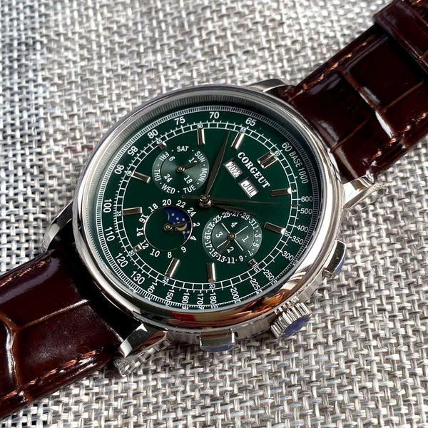 Corgeut Moon Phase Watch 42mm Seagull St1655 Automatic Day Date Month Calendar Glass Back 42MM 3ATM