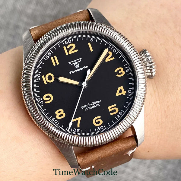 Tandorio Fluted Pilot Watch TD117A 20BARNH35 PT5000 Roman Numerals Sapphire 39mm