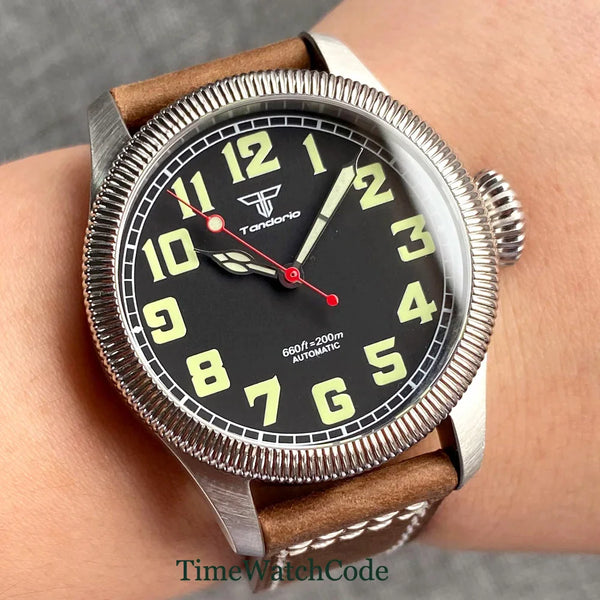 Tandorio Fluted Pilot Watch TD117A 20BARNH35 PT5000 Roman Numerals Sapphire 39mm
