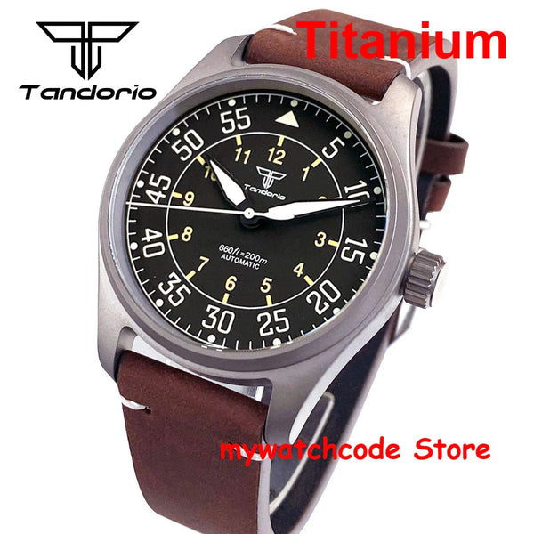 39mm Titanium Pilot Watch Tandorio TD143T Miyota 8215 Movt Automatic Sapphire 20ATM Retro Men Watch