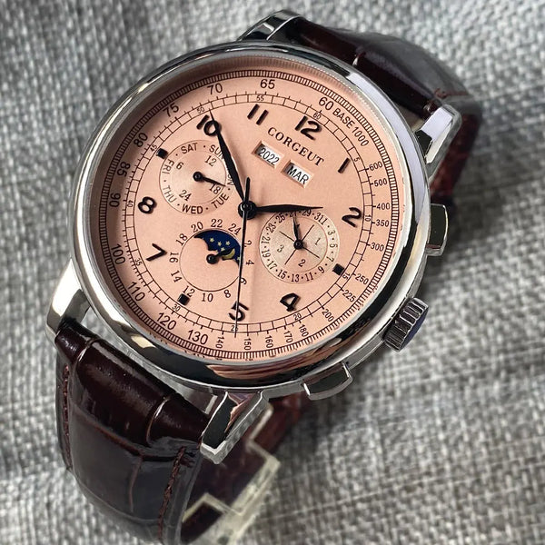 Corgeut Moon Phase Watch 42mm Seagull St1655 Automatic Day Date Month Calendar Glass Back 42MM 3ATM