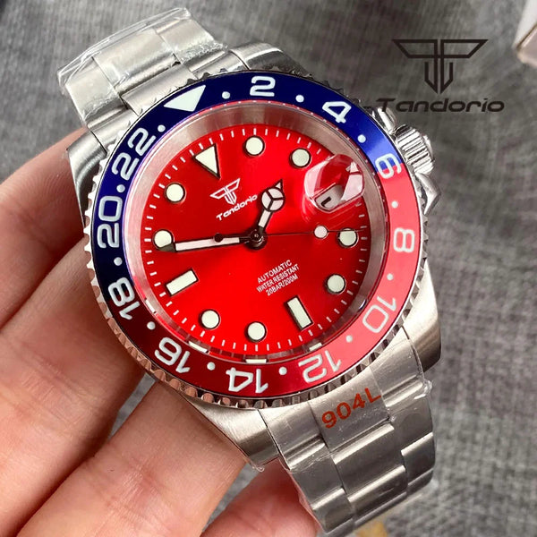 Tandorio Submariner Watch TD203R NH35A Red Sunburst 40mm 200M Diver Rotating Bezel Sapphire