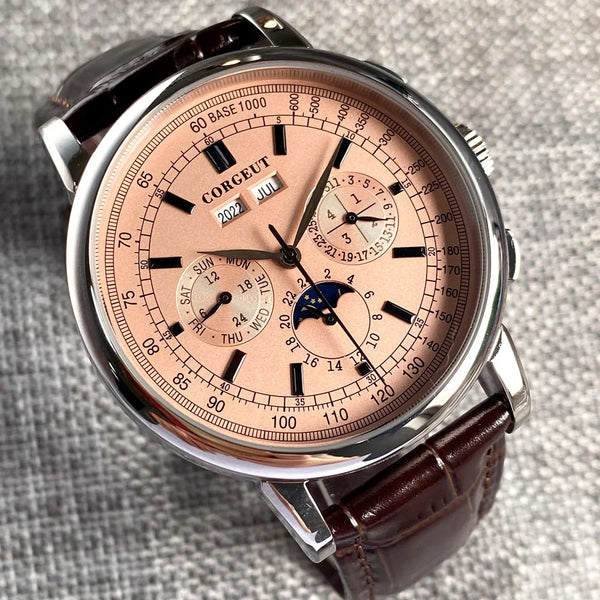 Corgeut Moon Phase Watch 42mm Seagull St1655 Automatic Day Date Month Calendar Glass Back 42MM 3ATM