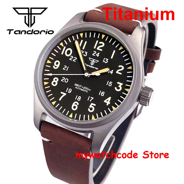 39mm Titanium Pilot Watch Tandorio TD143T Miyota 8215 Movt Automatic Sapphire 20ATM Retro Men Watch