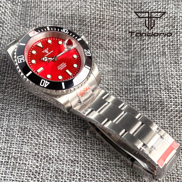 Tandorio Submariner Watch TD203R NH35A Red Sunburst 40mm 200M Diver Rotating Bezel Sapphire