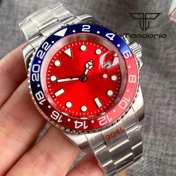Tandorio Submariner Watch TD203R NH35A Red Sunburst 40mm 200M Diver Rotating Bezel Sapphire