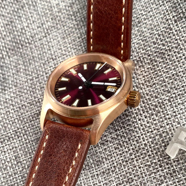 Tandorio Bronze Pilot Watch TD147R 20ATM 36mm Wine Red Dial NH35ASapphire Crystal