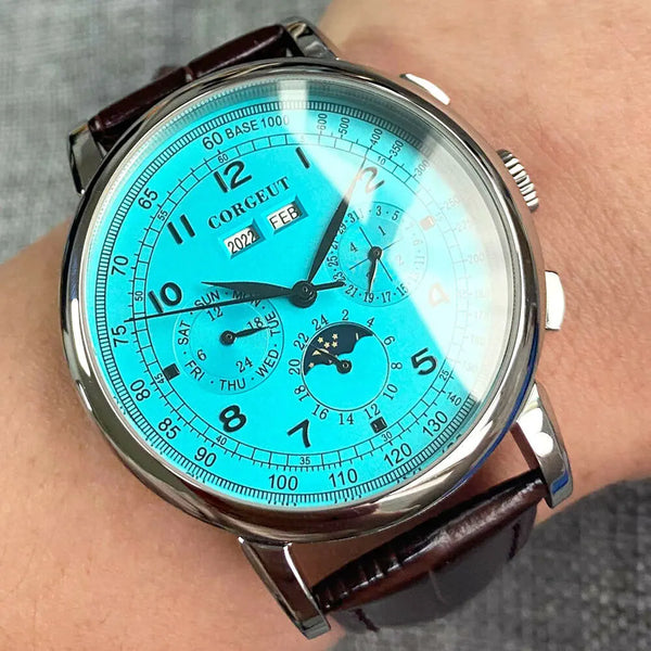 Corgeut Moon Phase Watch 42mm Seagull St1655 Automatic Day Date Month Calendar Glass Back 42MM 3ATM