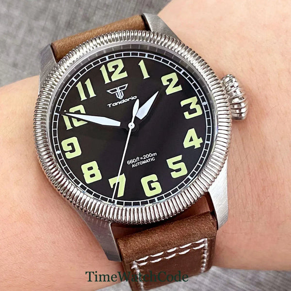 Tandorio Fluted Pilot Watch TD117A 20BARNH35 PT5000 Roman Numerals Sapphire 39mm