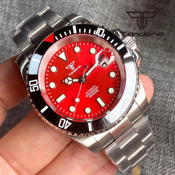 Tandorio Submariner Watch TD203R NH35A Red Sunburst 40mm 200M Diver Rotating Bezel Sapphire