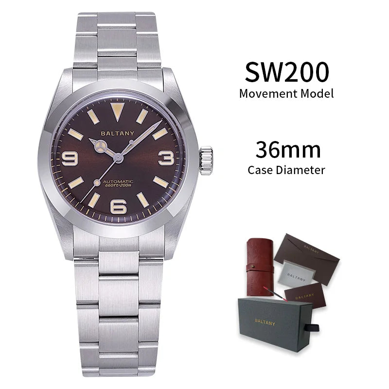 Baltany 36MM Explorer Watch Man S4056 NH38 Automatic Mechanical Watch Waterproof 20Bar Stainless Steel Bracelet Retro Watches