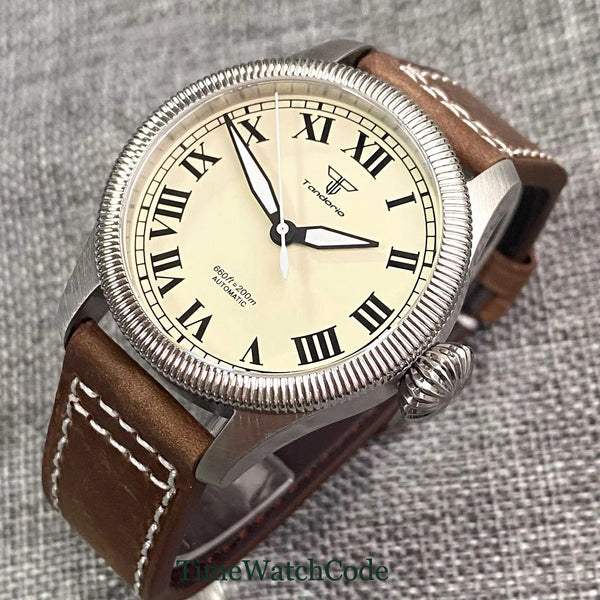 Tandorio Fluted Pilot Watch TD117A 20BARNH35 PT5000 Roman Numerals Sapphire 39mm