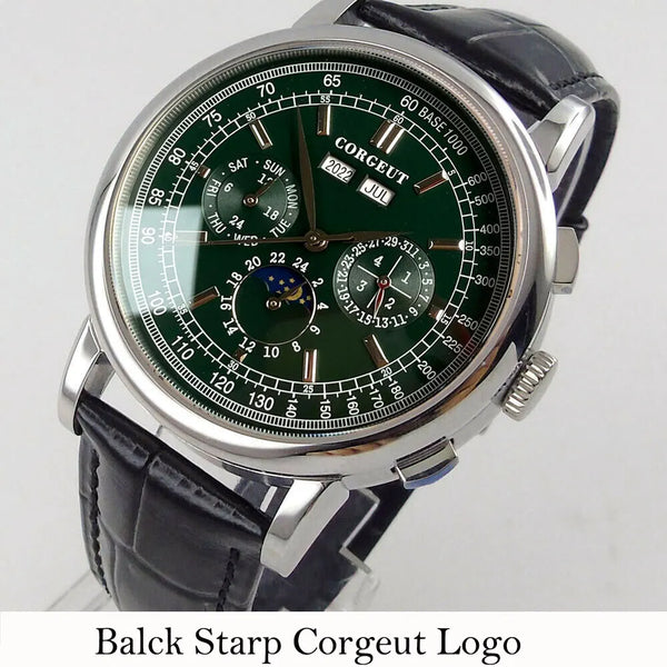 Corgeut Moon Phase Watch 42mm Seagull St1655 Automatic Day Date Month Calendar Glass Back 42MM 3ATM