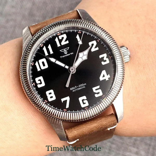 Tandorio Fluted Pilot Watch TD117A 20BARNH35 PT5000 Roman Numerals Sapphire 39mm