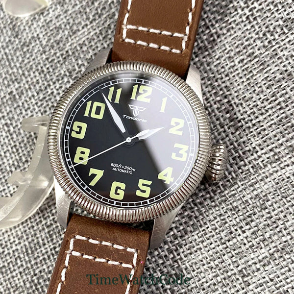 Tandorio Fluted Pilot Watch TD117A 20BARNH35 PT5000 Roman Numerals Sapphire 39mm