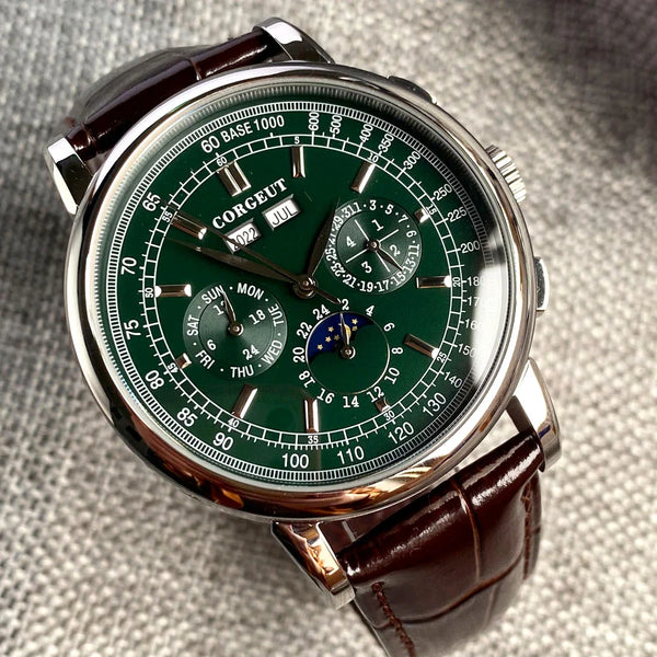 Corgeut Moon Phase Watch 42mm Seagull St1655 Automatic Day Date Month Calendar Glass Back 42MM 3ATM