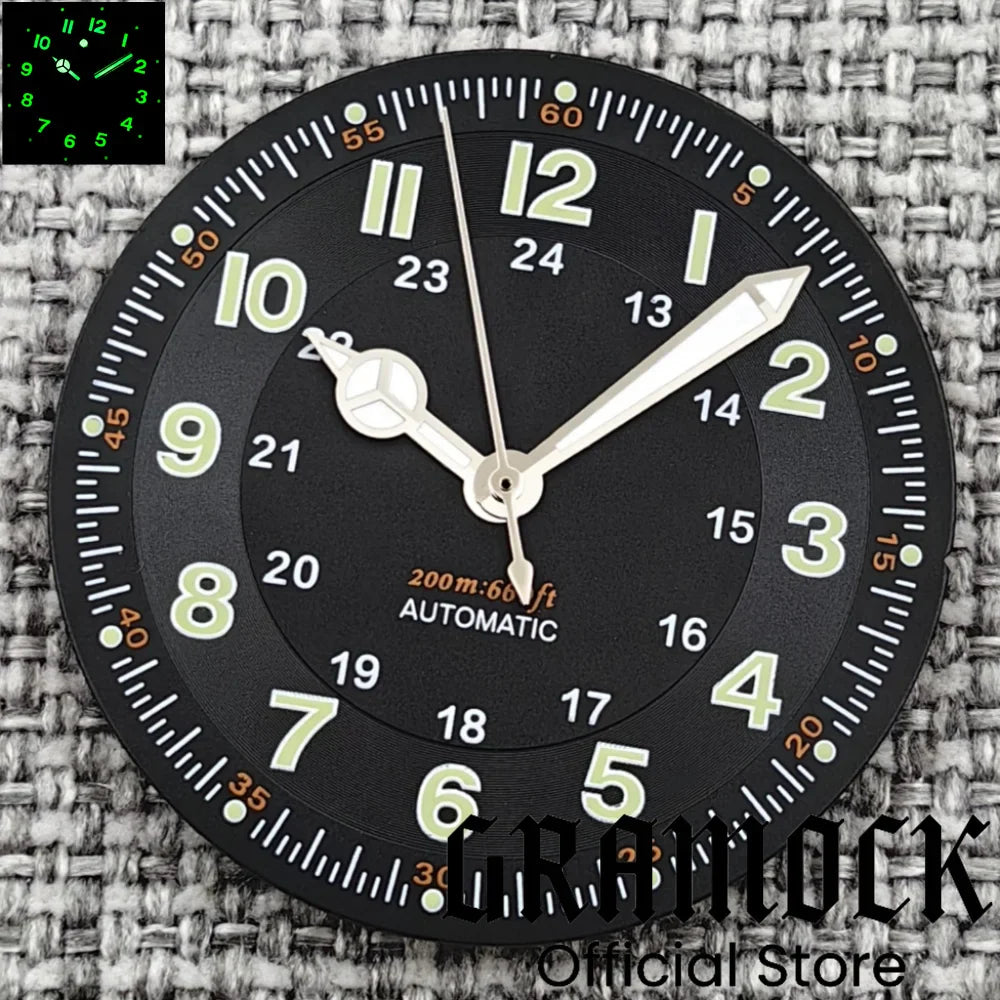 Gramock Classics Sterile 29mm Pilot Black Watch Dial Part for NH35/36 ETA PT5000 Miyota Mingzhu DG ST2130 Movement Part Hand Set