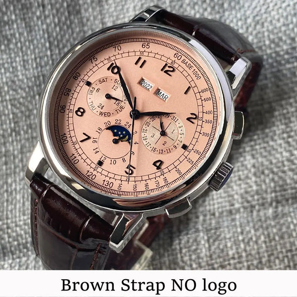 Corgeut Moon Phase Watch 42mm Seagull St1655 Automatic Day Date Month Calendar Glass Back 42MM 3ATM