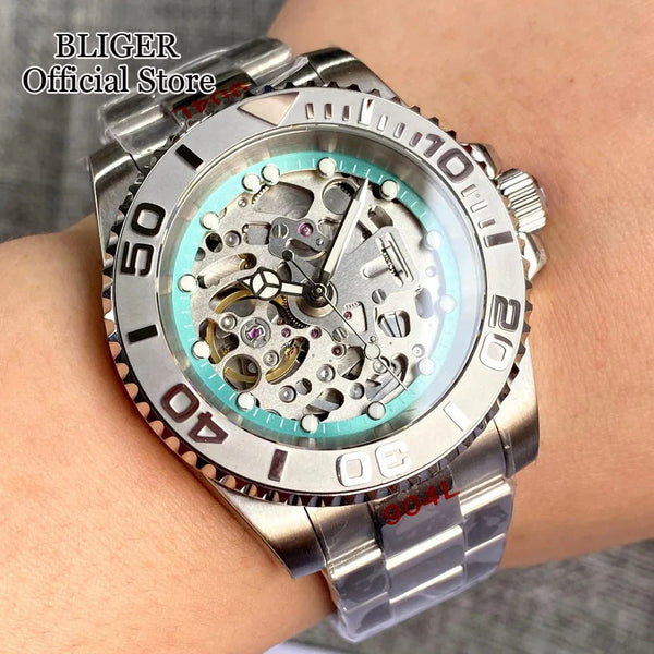 Tandorio 40mm NH70A Automatic Dive Watch 200M Waterproof Skeleton Dial Steel Glass Back - Tandorio Watches