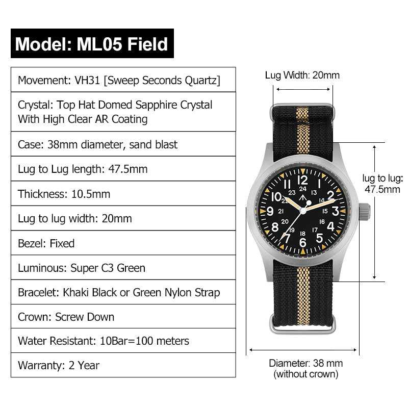 Militado 38mm Field Watch ML05 Date Window Version