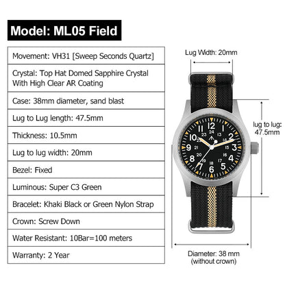 Militado 38mm Field Watch ML05 Date Window Version