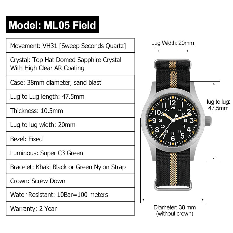 Militado 38mm Field Watch ML05 Date Window Version