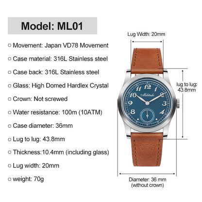 Militado 36mm Sapphire Crystal VD78 Quartz Watch ML01