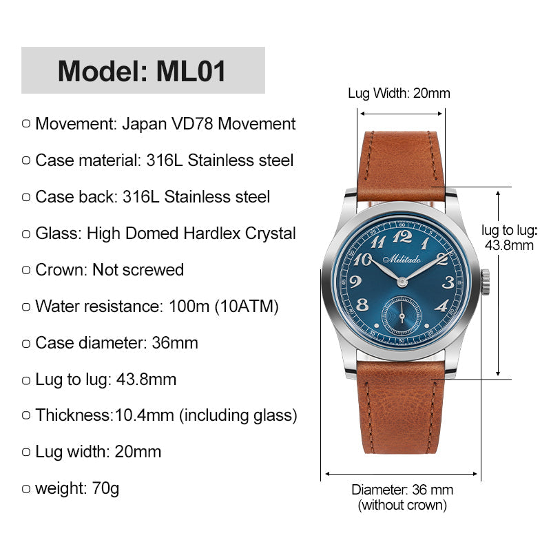 Militado 36mm Sapphire Crystal VD78 Quartz Watch ML01