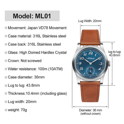 Militado 36mm Sapphire Crystal VD78 Quartz Watch ML01