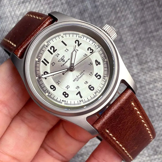 39mm Titanium Pilot Watch Tandorio TD143B NH35A PT5000 Automatic Sapphire 20ATM 63.7g Vintage - Tandorio Watches