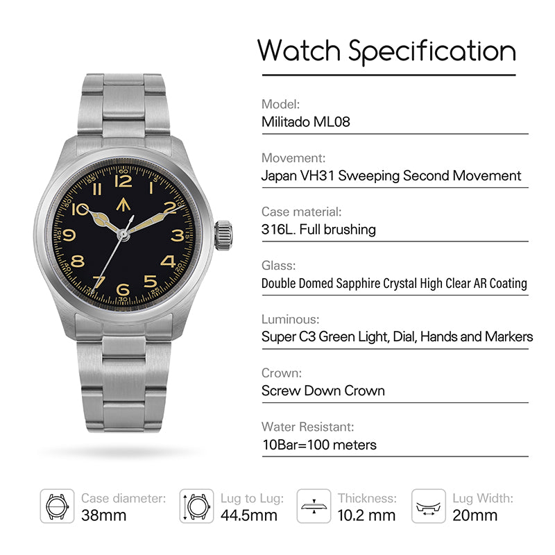 ★11.11 Sale★Militado 38mm Retro VH31 Military Watch ML08