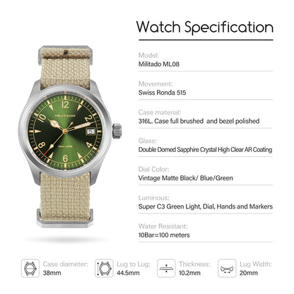 ★11.11 Sale★Militado VH31 38mm Sapphire Crystal Field Watch ML08 White Dial