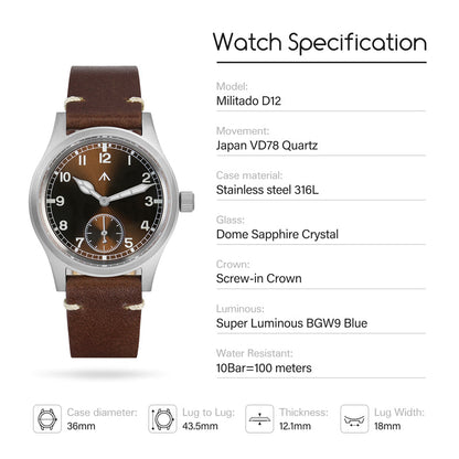 Militado 36mm Dirty Dozen Watch Tuxedo Heritage Watch D12