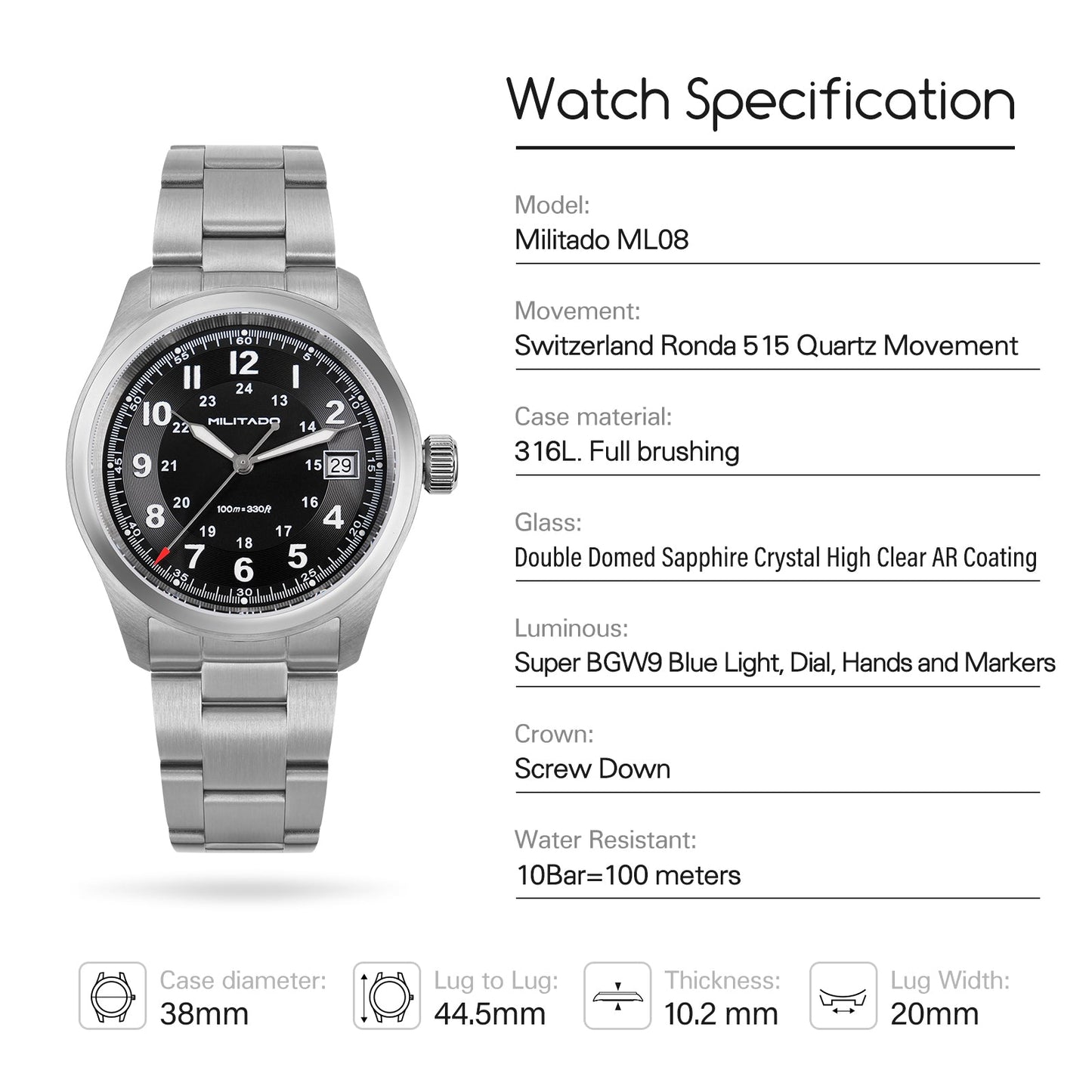 ★11.11 Sale★Militado VH31 38mm Sapphire Crystal Field Watch ML08 White Dial