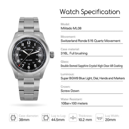 ★11.11 Sale★Militado VH31 38mm Sapphire Crystal Field Watch ML08 White Dial