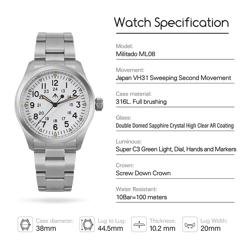 ★11.11 Sale★ Militado 38mm VH31 Retro Field Watch ML08